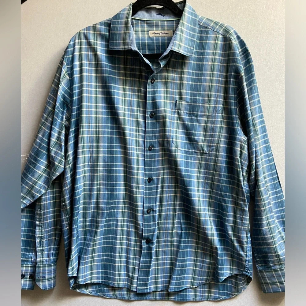 Tommy Bahama Blue Green Plaid Silk Cotton Long Sleeve Shirt - XXL